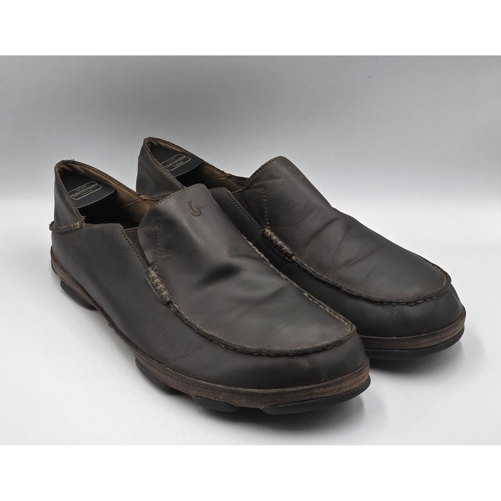 OluKai Moloa 10128-6348 Mens 13 Dark Wood Leather Slip On Loafers Comfort Shoe